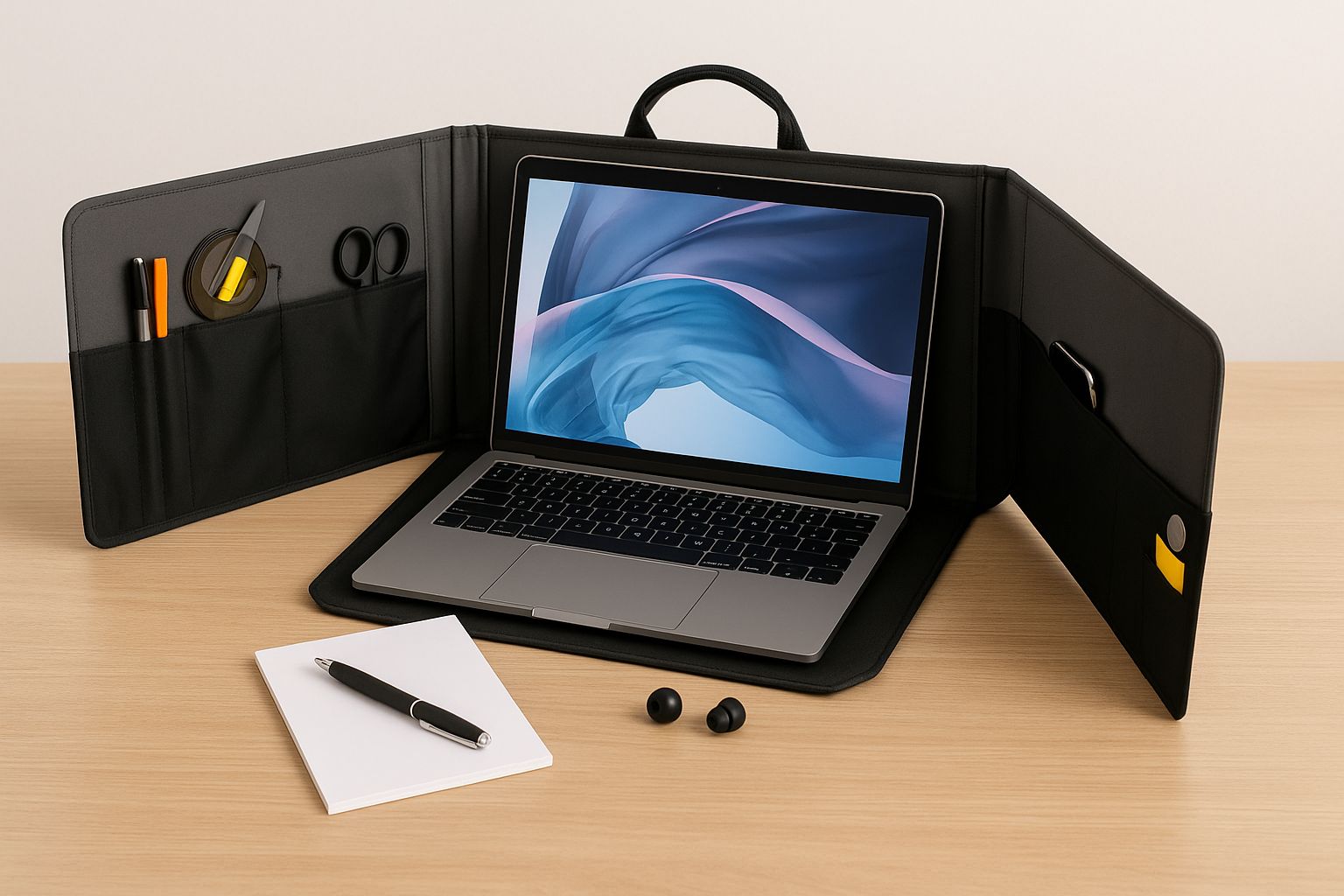 Öppen laptopväska på ett skrivbord med laptop, mus och kaffekopp