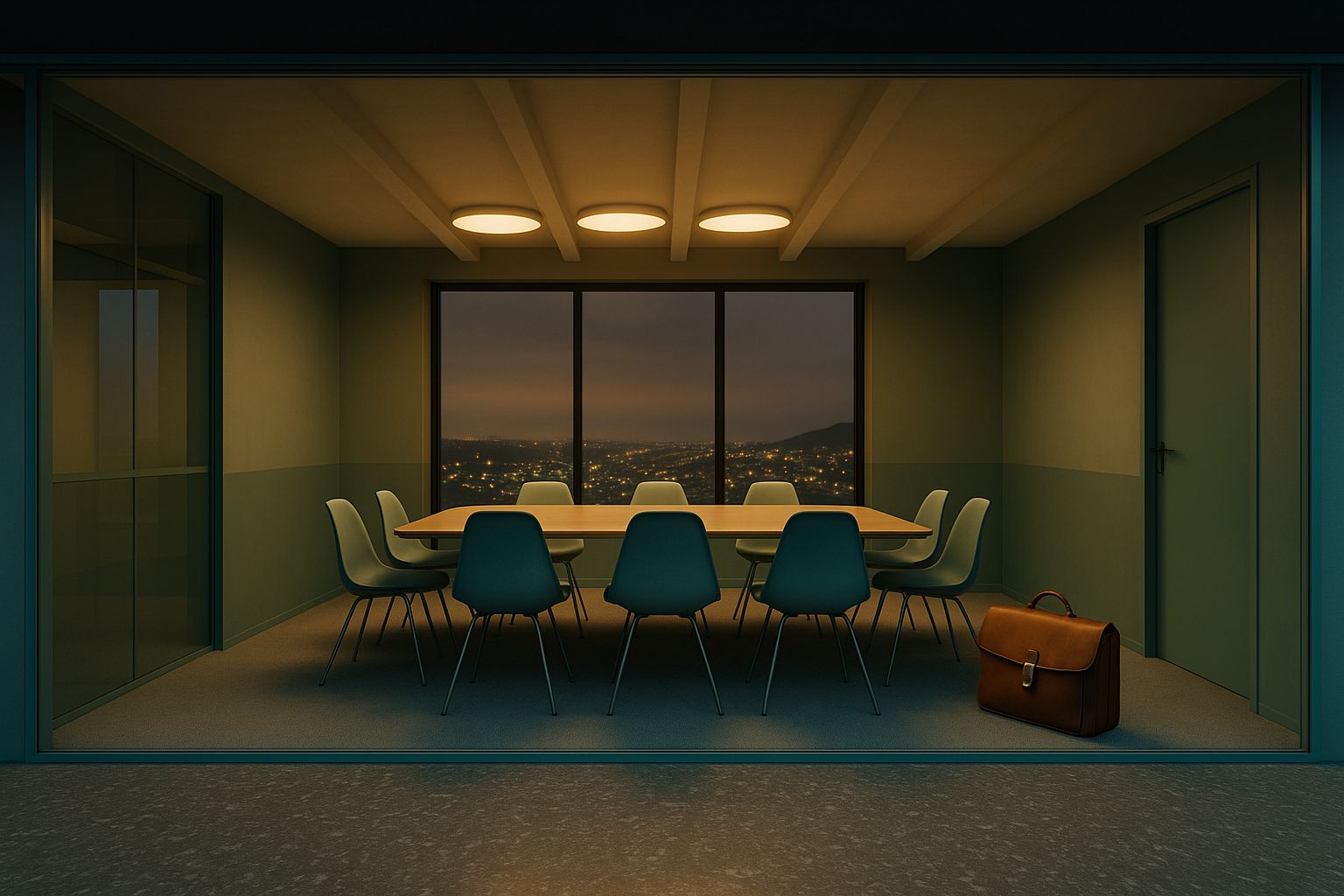 Modernt mötesrum med stort fönster och mötesbord för samarbete