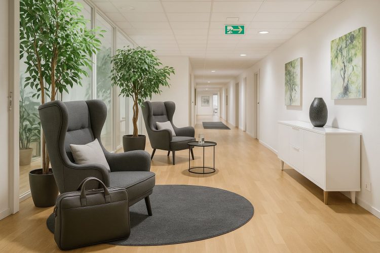 Modernt mötesrum i Solna med ovalt bord, stolar och teknik