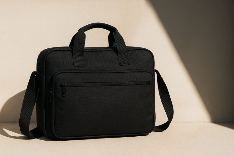 En person bär en svart laptopväska över axeln, tydligt synlig logotyp.